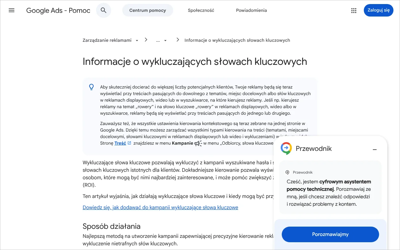 Strona pomocy Google Ads z informacjami o wykluczających słowach kluczowych i typach ich dopasowania