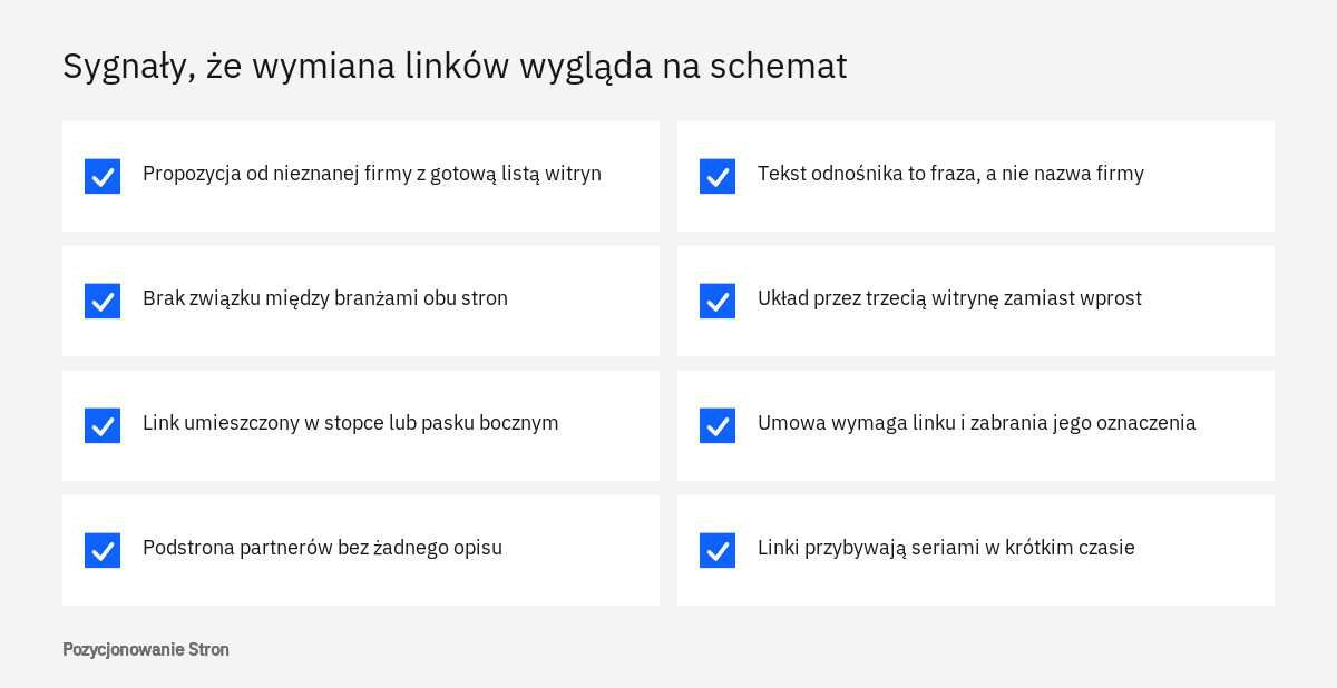 Lista sygnałów ostrzegawczych, po których widać, że wymiana linków między stronami wygląda na schemat, a nie partnerstwo