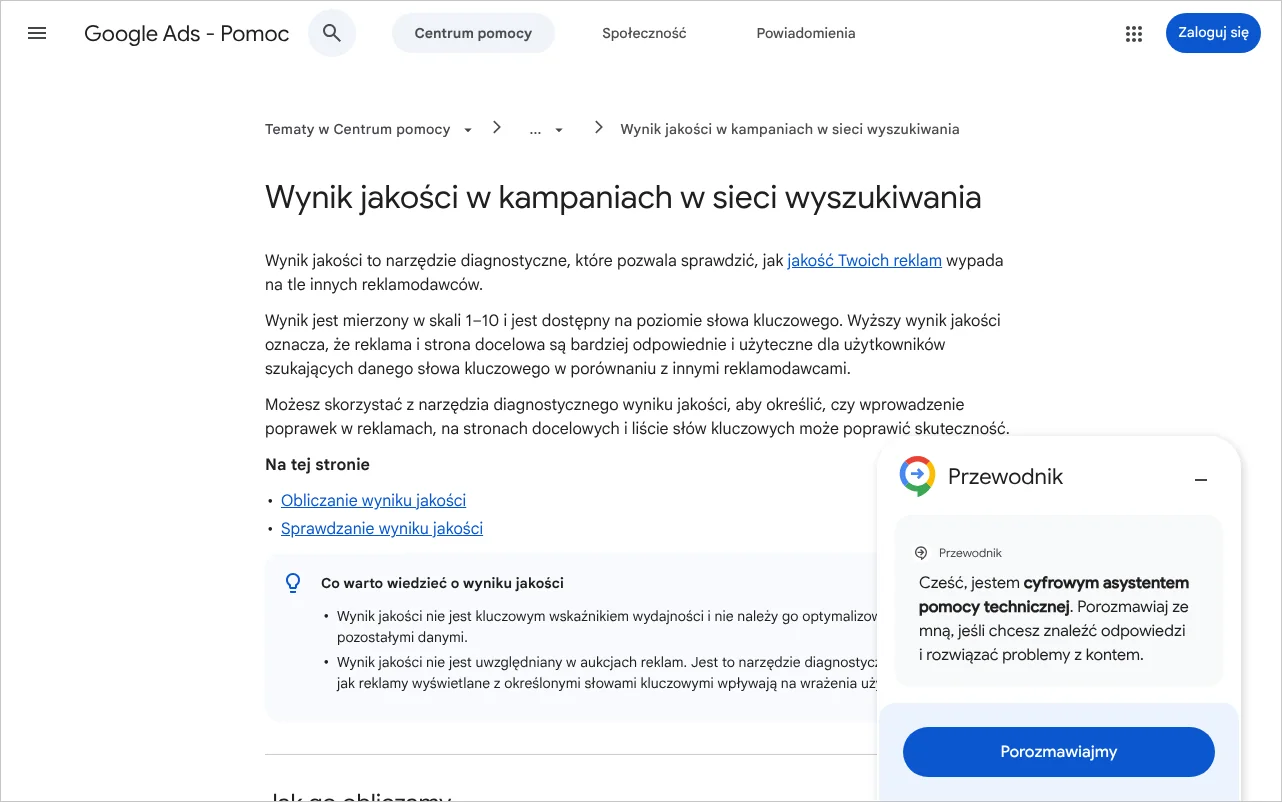 Strona pomocy Google Ads o wyniku jakości w kampaniach w sieci wyszukiwania z opisem trzech składników oceny
