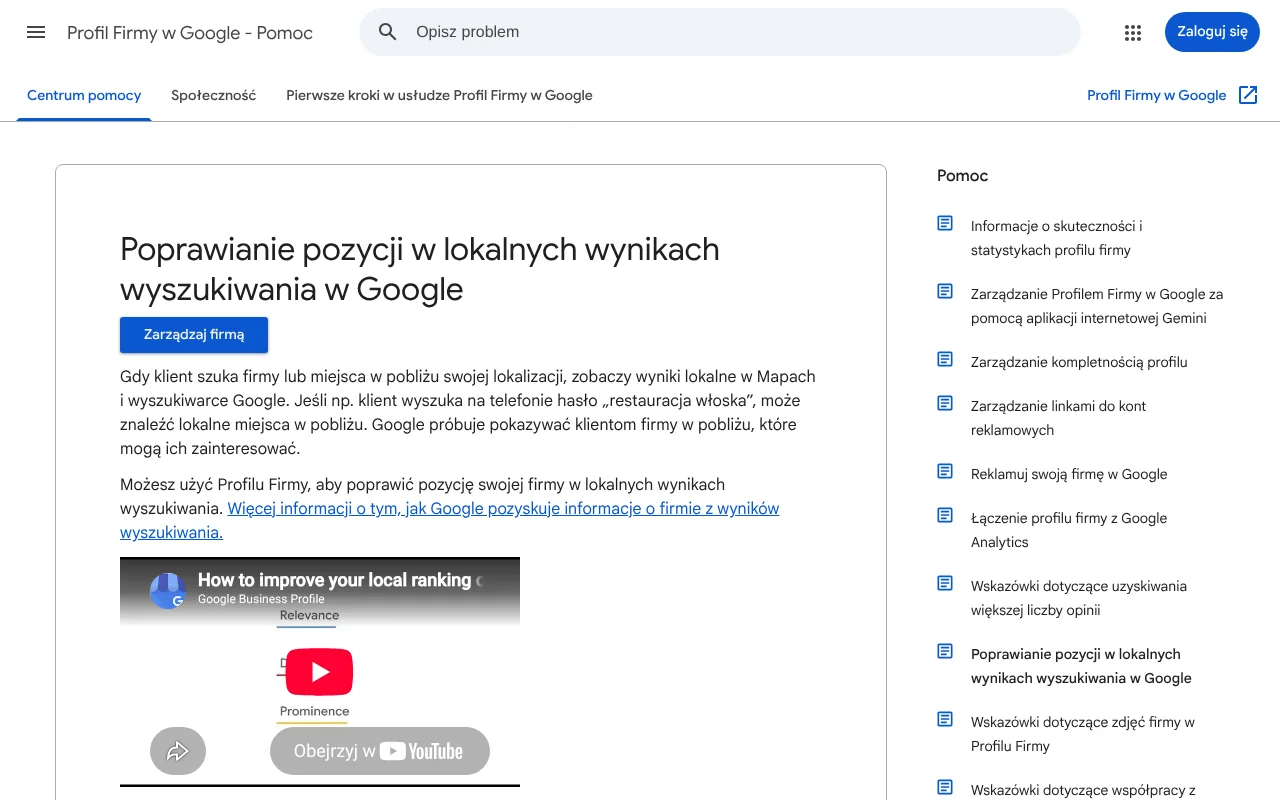 Strona pomocy Profilu Firmy w Google o poprawianiu pozycji w lokalnych wynikach wyszukiwania z opisem czynników rankingu