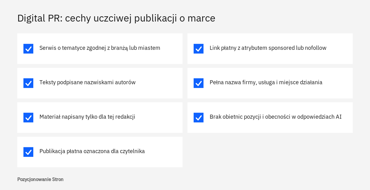 Lista kontrolna digital PR pokazująca cechy uczciwej wzmianki o marce w serwisie zewnętrznym przed zamówieniem publikacji
