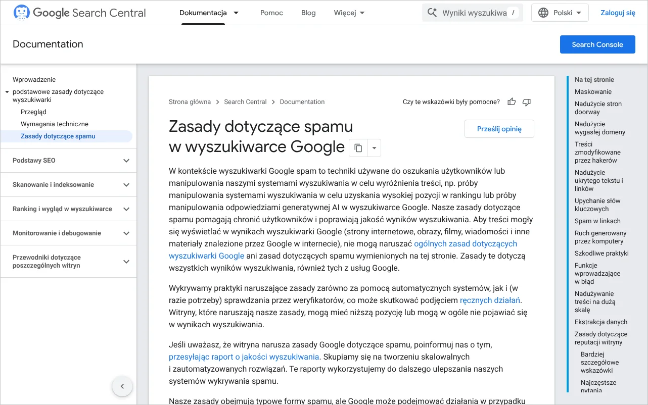 Strona dokumentacji Centrum wyszukiwarki Google z zasadami dotyczącymi spamu w wyszukiwarce i listą praktyk