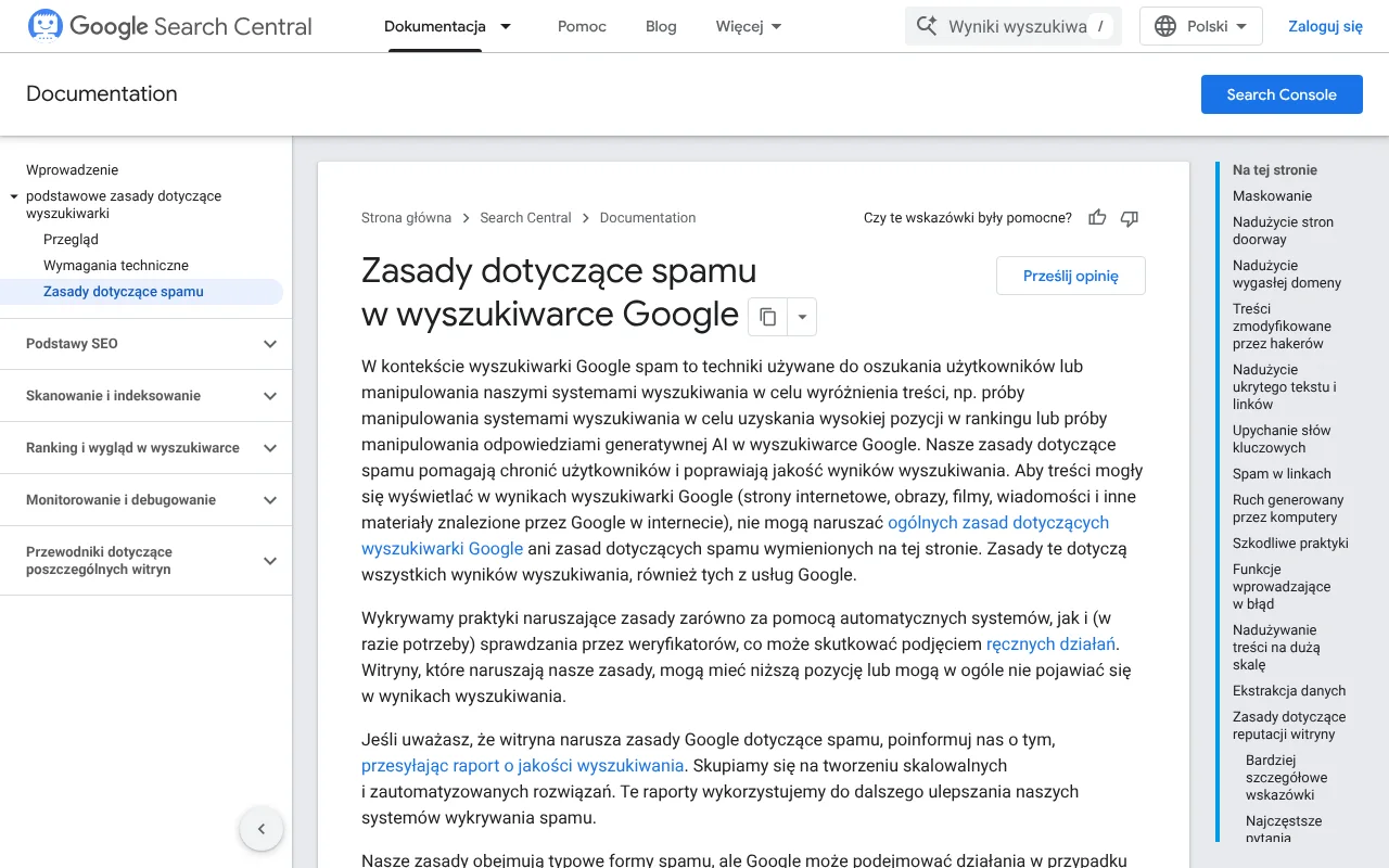 Strona dokumentacji Centrum wyszukiwarki Google z zasadami dotyczącymi spamu, w tym spamu linkowego