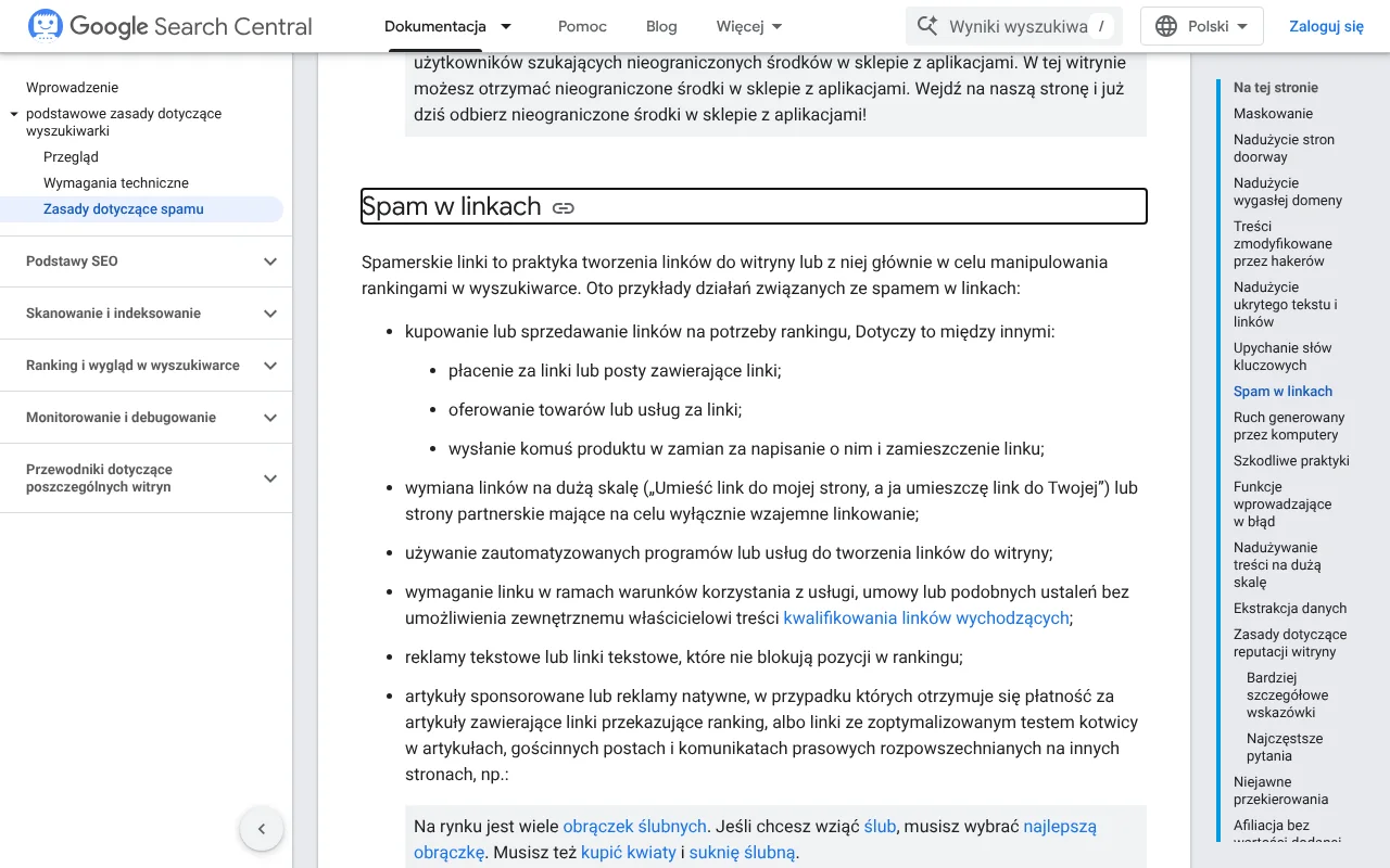 Rozdział o spamie w linkach w dokumencie Zasady dotyczące spamu w wyszukiwarce Google, Centrum wyszukiwarki Google