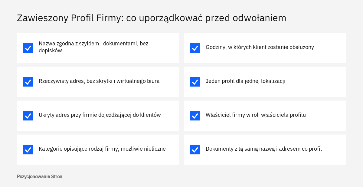 Lista kontrolna dla zawieszonego Profilu Firmy w Google: elementy do uporządkowania przed wysłaniem odwołania