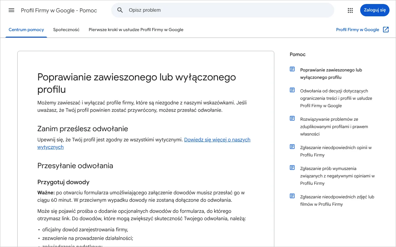 Strona pomocy Google o poprawianiu zawieszonego lub wyłączonego Profilu Firmy z opisem odwołania