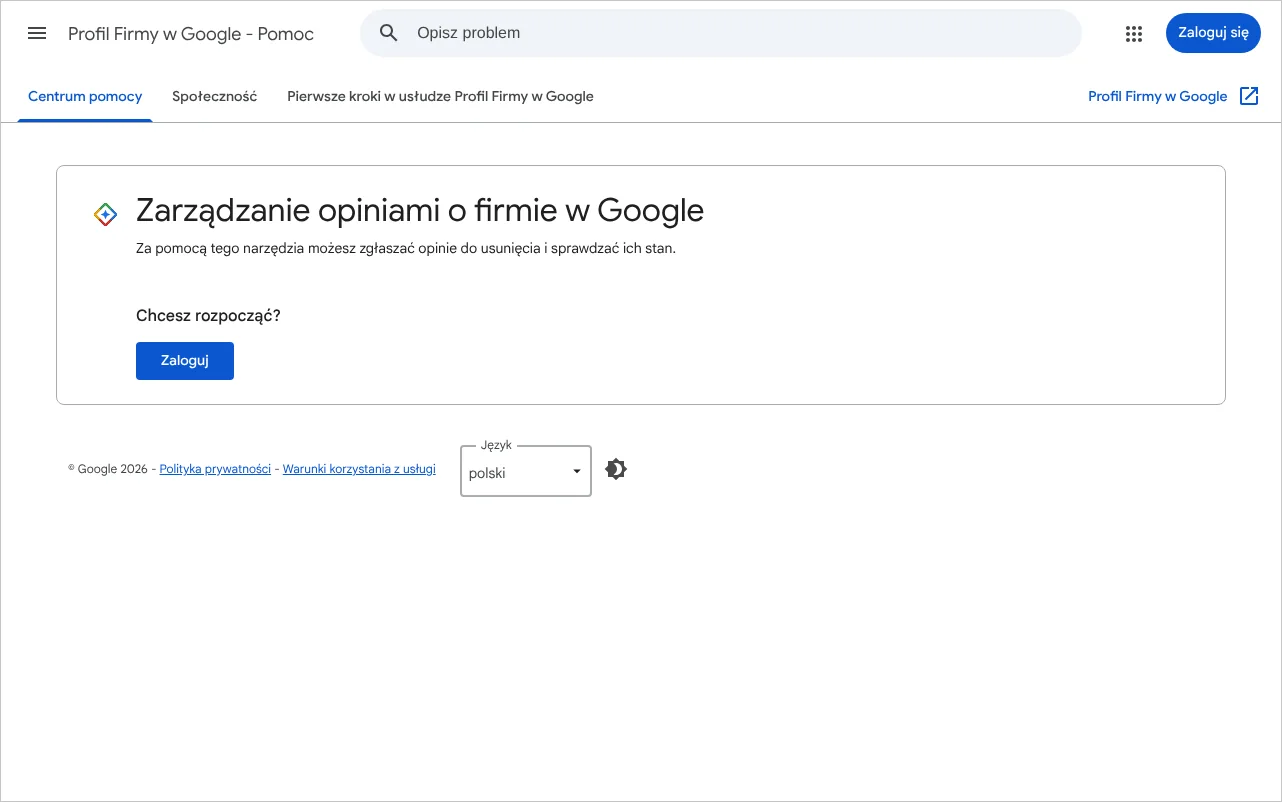 Ekran startowy narzędzia Google do zarządzania opiniami o firmie z opisem funkcji i przyciskiem logowania