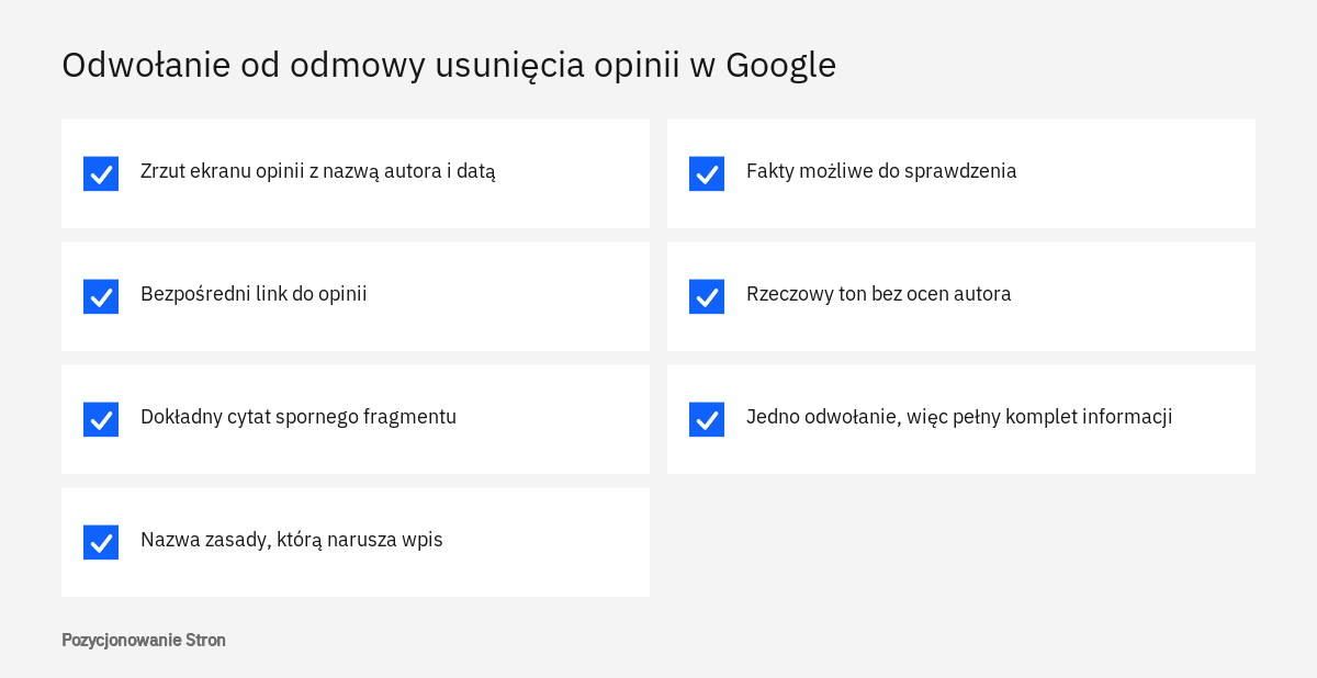 Lista kontrolna przed odwołaniem od odmowy przy zgłaszaniu opinii w Google: cytat, zasada, fakty, dowody