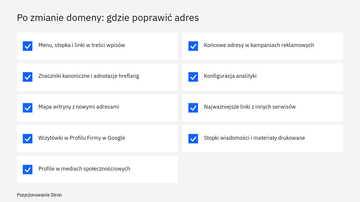 Lista miejsc, w których po zmianie domeny trzeba zaktualizować adres strony: linki, wizytówki, profile i reklamy