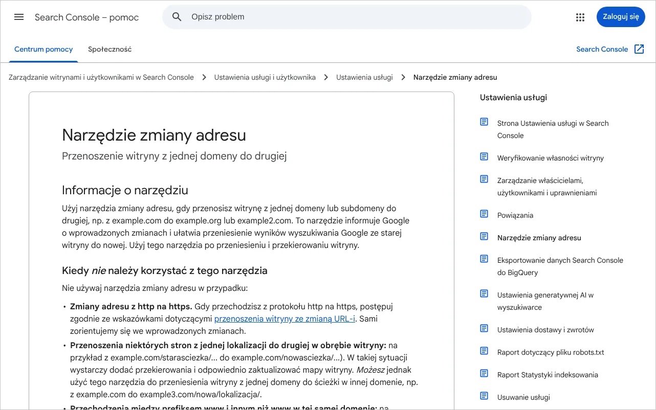 Strona pomocy Search Console opisująca narzędzie zmiany adresu używane przy zmianie domeny witryny
