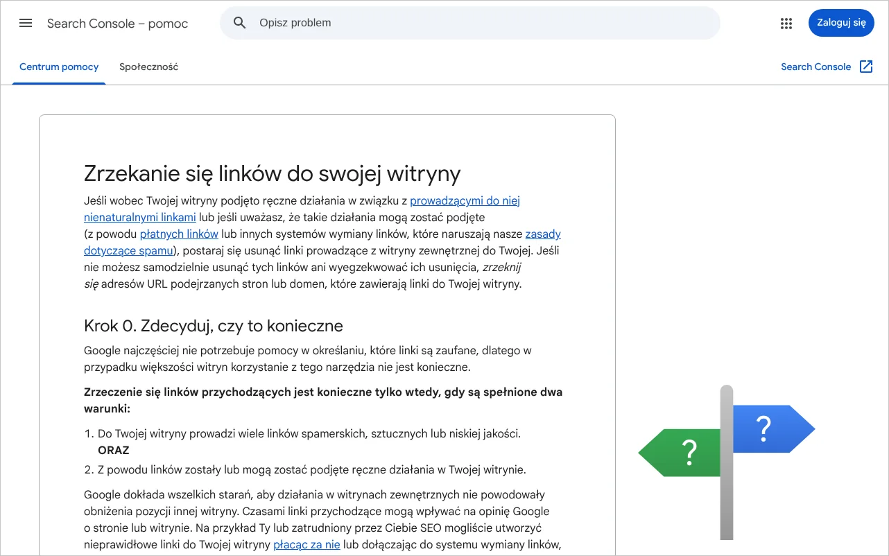 Strona pomocy Search Console o zrzekaniu się linków do swojej witryny z krokiem zerowym o ocenie konieczności