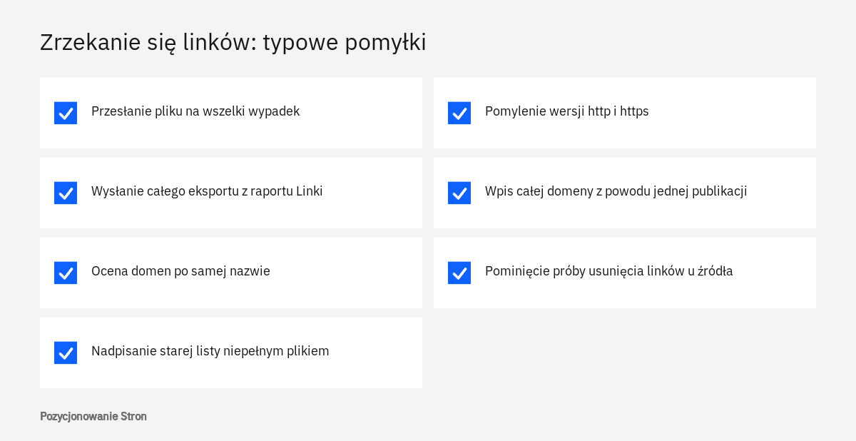 Lista typowych pomyłek przy zrzekaniu się linków, od wysłania całego eksportu po nadpisanie wcześniejszej listy